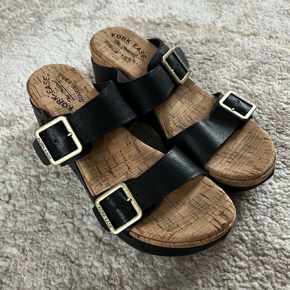 Kork-Ease Leather Black Platform Two Strap Buckle Sandals Size 8
